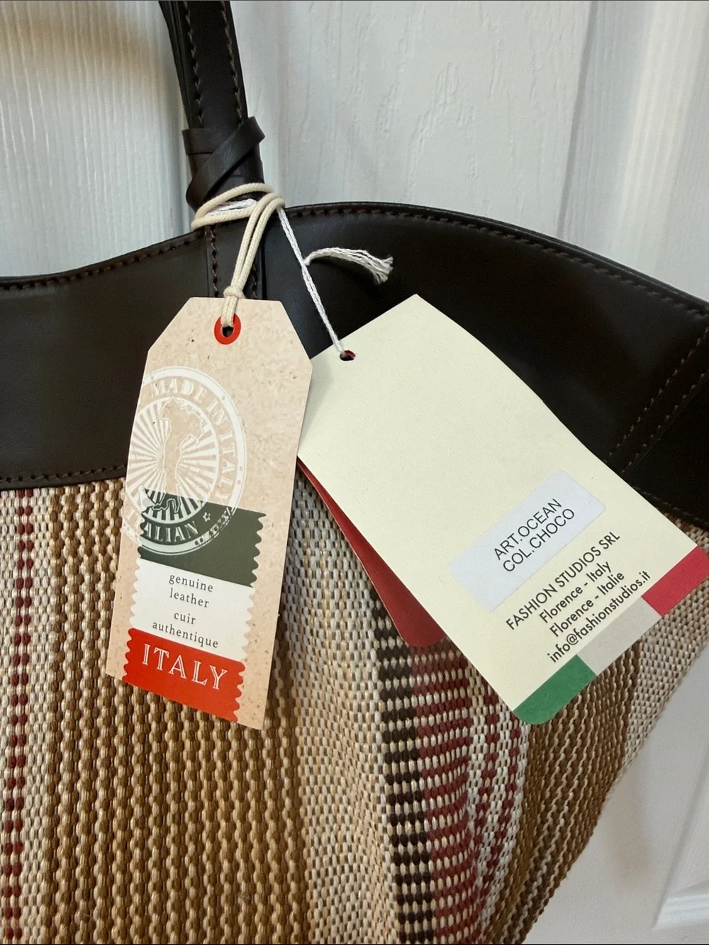 NWT Divina Firenze Italian Striped Woven / Leather Shopper Tote Bag
